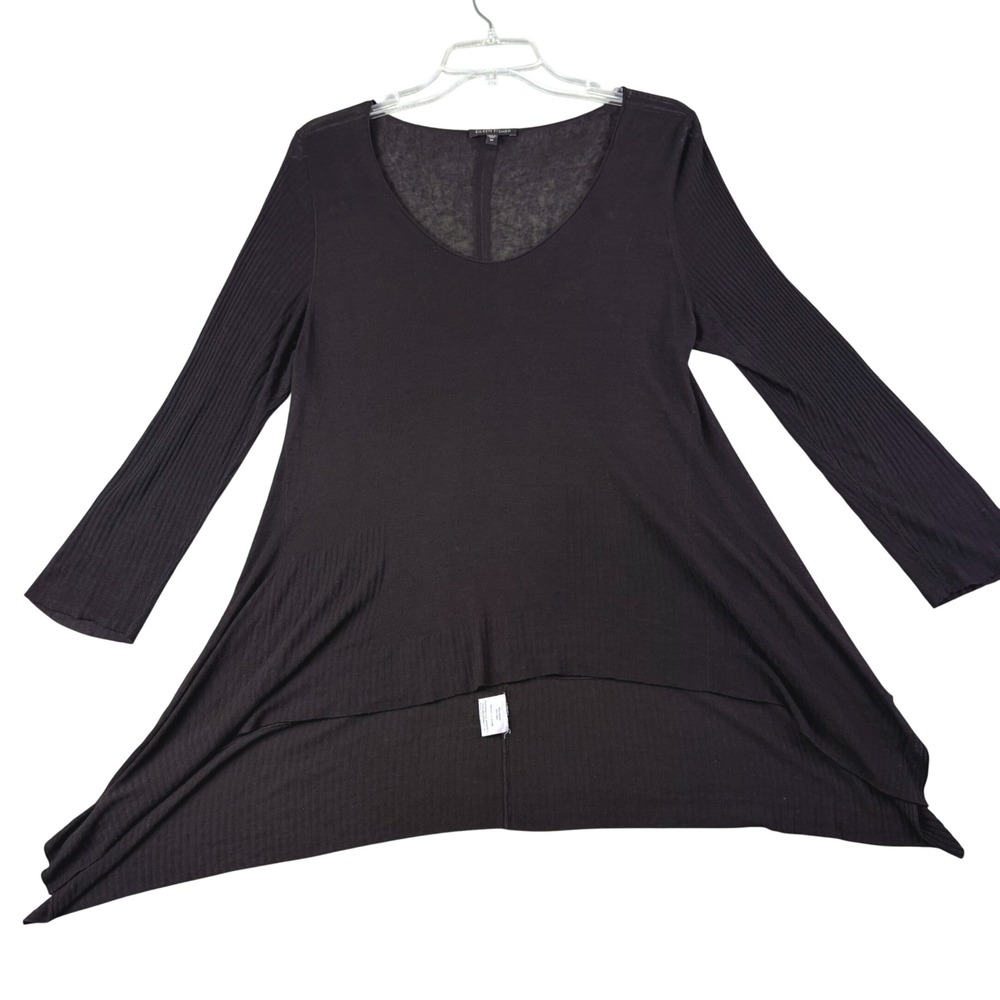 Eileen Fisher M Black Tunic Viscose Linen Sharkbite Hem Ribbed Sleeve Lagenlook